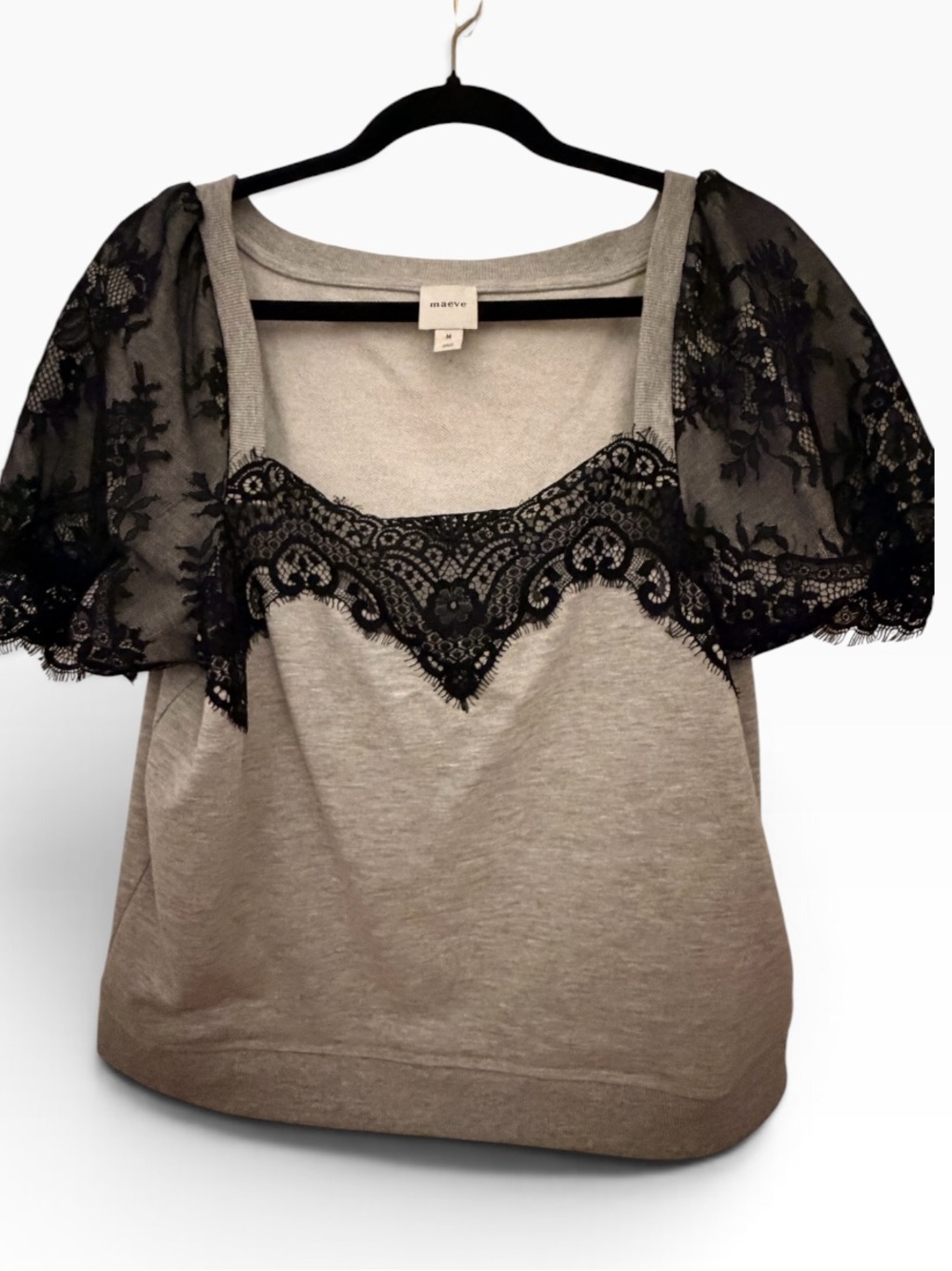 Maeve Gray Scoop Top with Black Lace Puff Sleeves